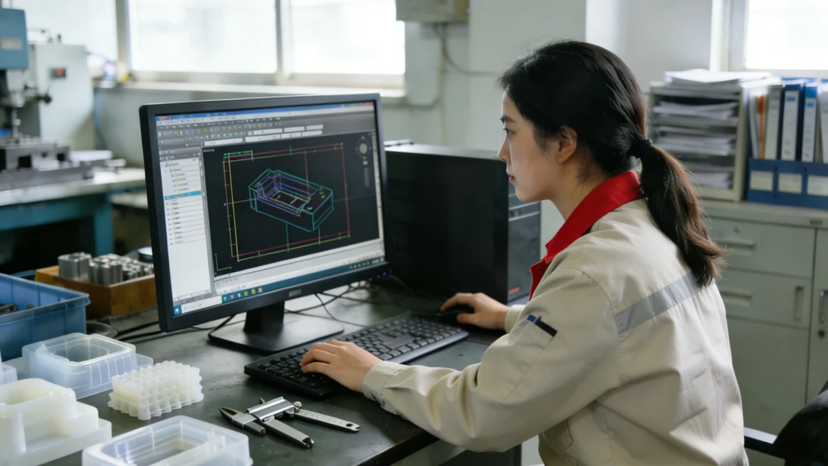 Engineer using 3D CAD software for phone case structural design and DFM analysis to ensure mass production feasibility.