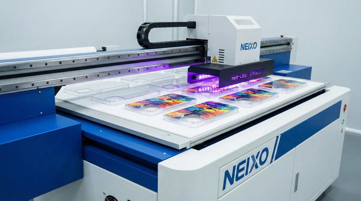 High-resolution industrial UV flatbed printing process on polycarbonate (PC) phone cases for custom mass production.