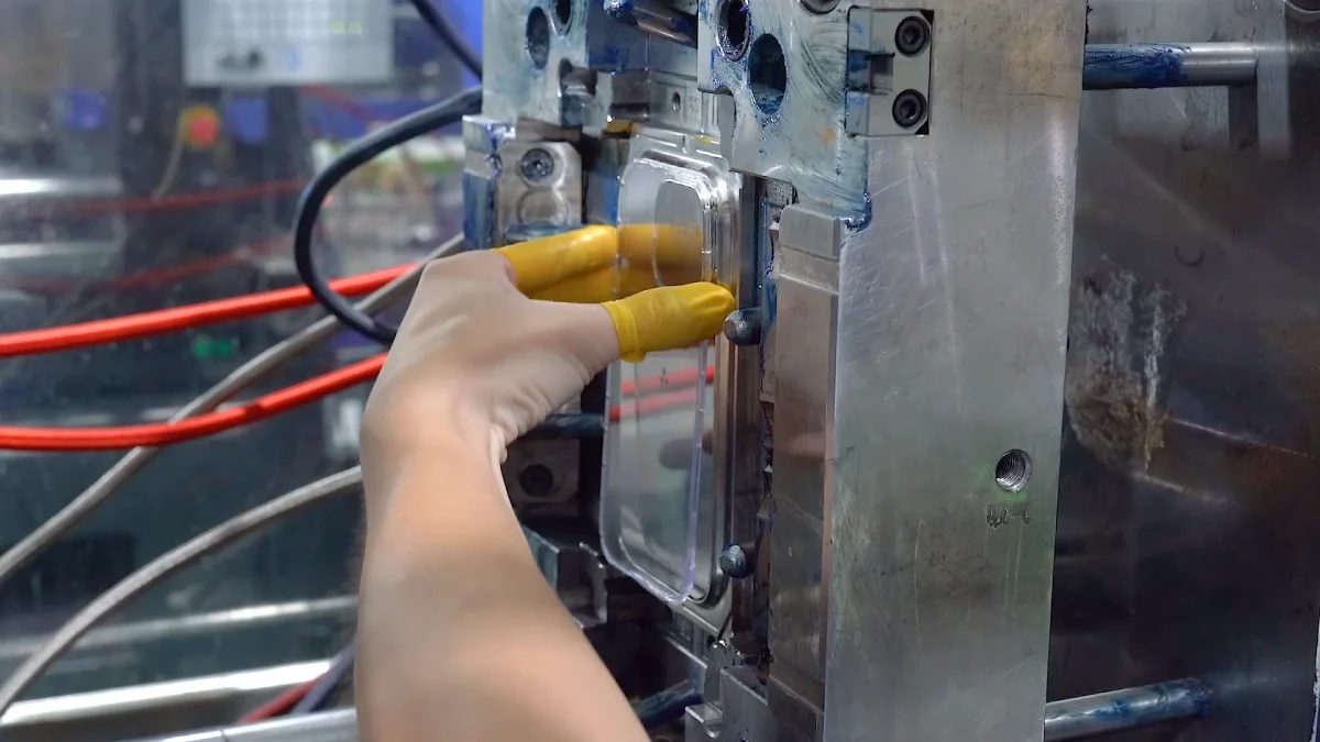 Operator precisely placing a polycarbonate (PC) sheet into the injection mold for insert molding, ensuring perfect alignment for dual-material phone cases.
