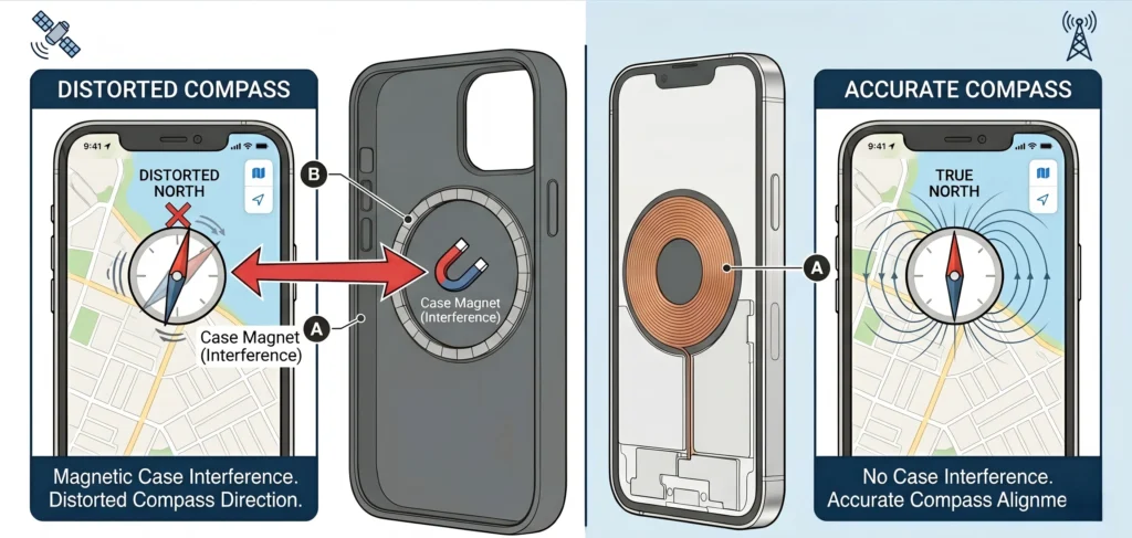 Illustration of smartphone compass interference caused by magnetic phone case