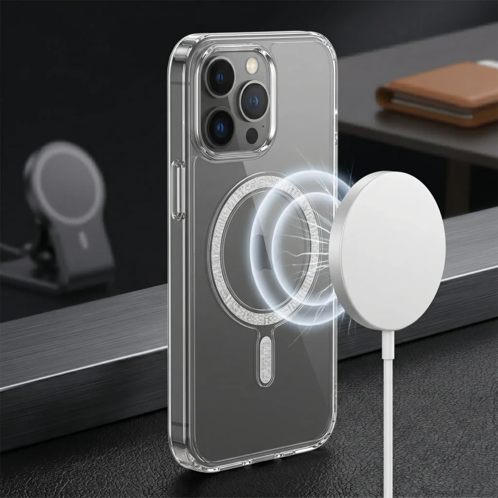 MagSafe Compatible Phone Case aligned with a wireless charger