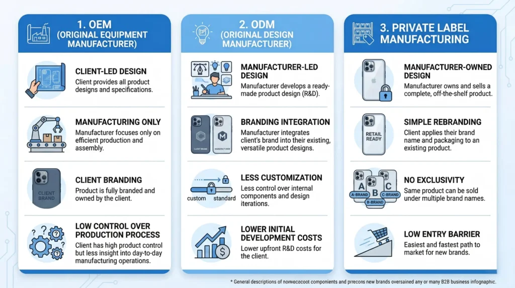 OEM vs ODM vs Private Label phone case manufacturer comparison infographic for brand buyers