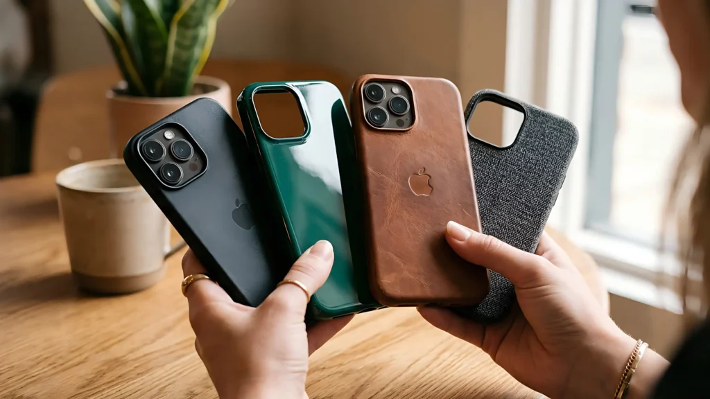 Phone Case Material Textures Comparison – Matte TPU, Glossy PC and Leather Finish