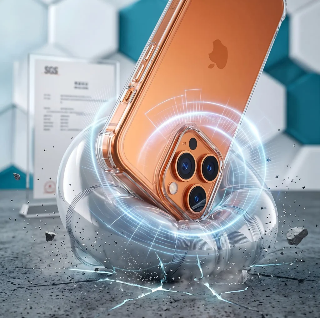 TPU phone case absorbing shock during drop test to protect smartphone