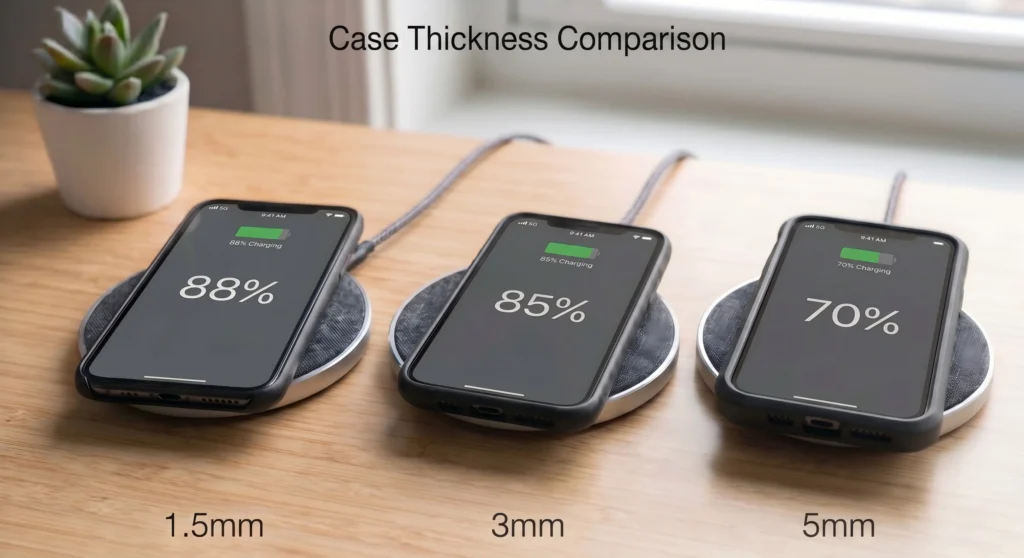 comparison of phone case thickness affecting wireless charging performance