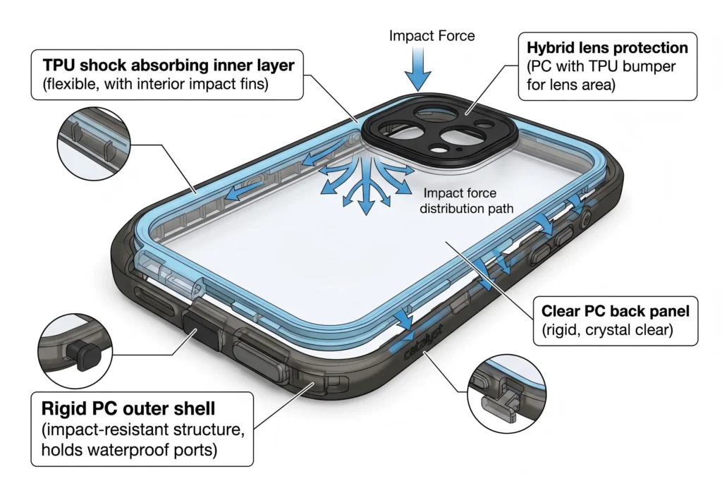 cross section of hybrid phone case illustrating TPU shock absorption and PC structural protection layers