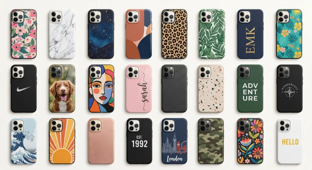 custom TPU phone cases with printed designs, logos, and color variations for private label brands
