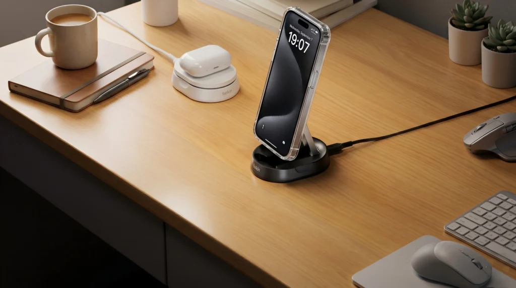 magnetic phone case being charged on wireless charging pad with proper alignment