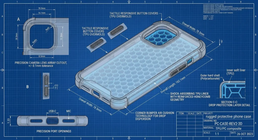 phone case design and engineering CAD model with drop protection structure