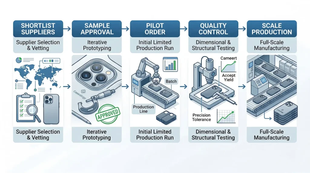 phone case manufacturing sourcing workflow from supplier selection to production