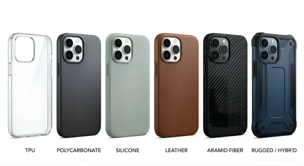phone case materials comparison TPU PC silicone leather aramid fiber