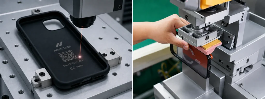 Pad printing and laser marking options for custom phone cases