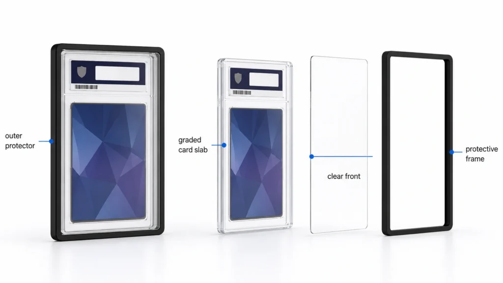 How a slab protector fits around a graded card slab