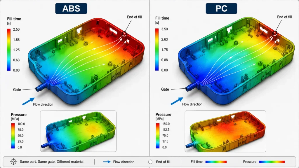 ABS and PC mold flow results for the same plastic enclosure