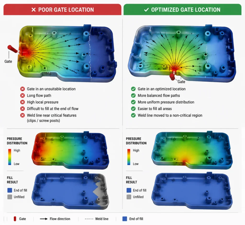 Comparison of poor and optimized gate placement in an injection molded part