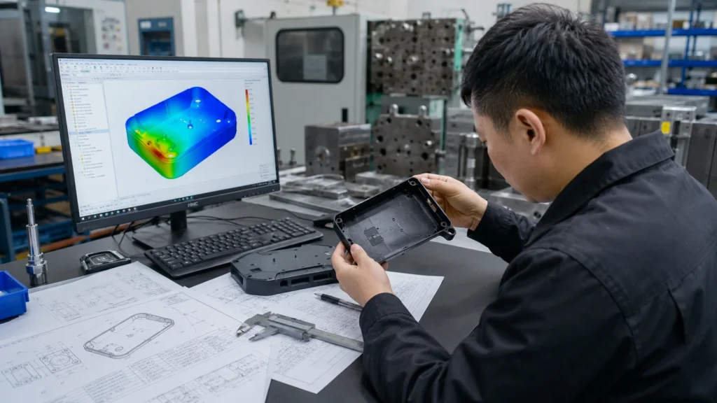 Engineer reviewing mold flow results with a T1 injection molded sample
