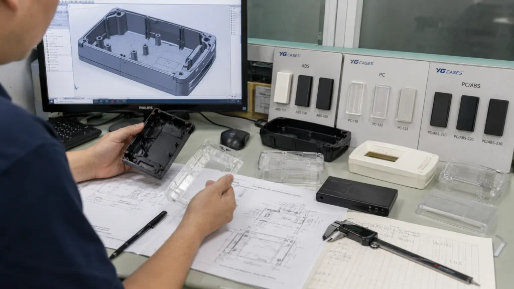 Engineer reviewing plastic material samples and an electronic housing design before tooling
