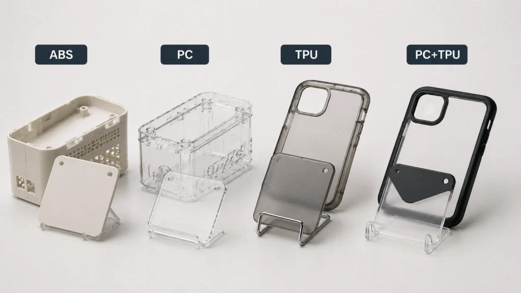 Plastic material samples and molded parts