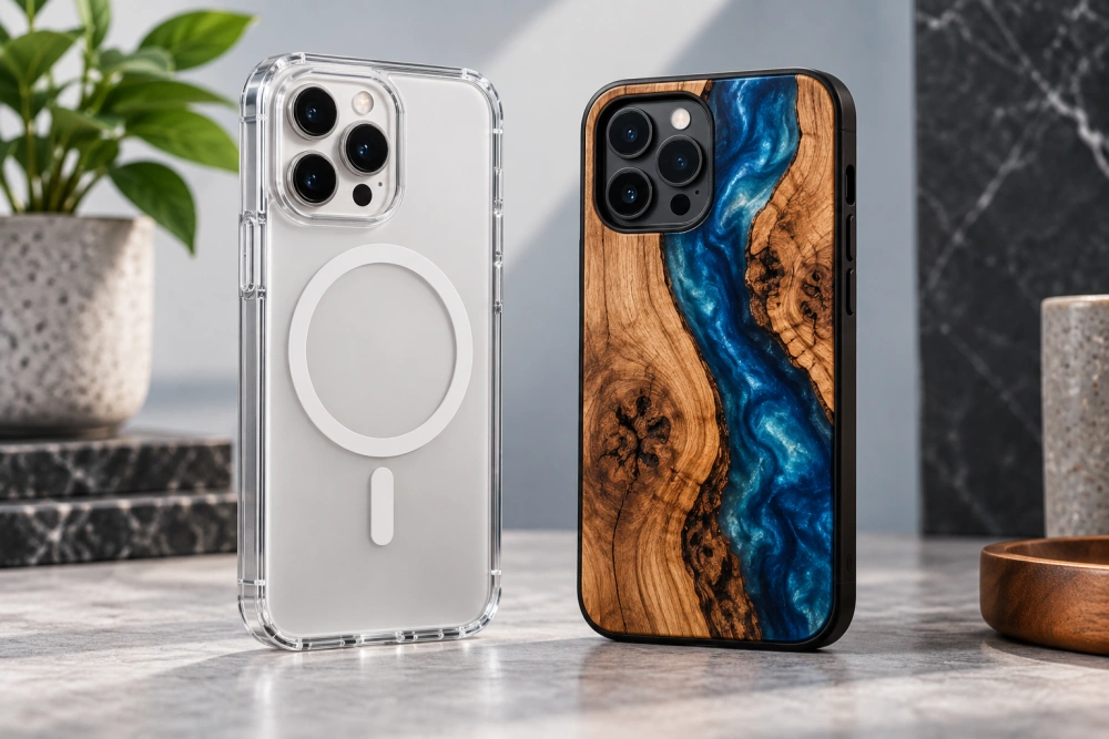 Belkin magnetic clear case and Carved wood and resin case