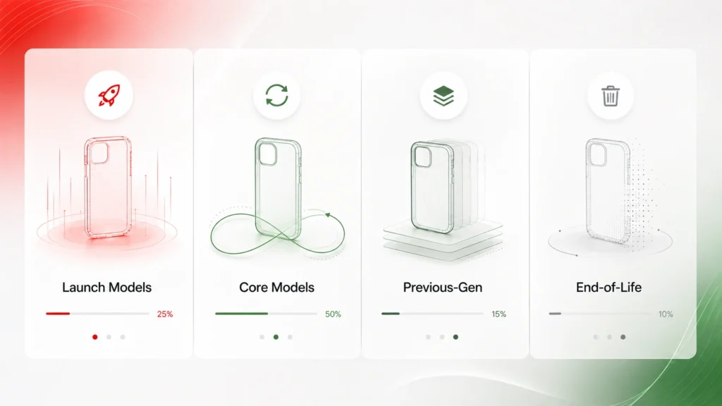 Infographic showing four stages of phone case life cycles for strategic reorder planning.
