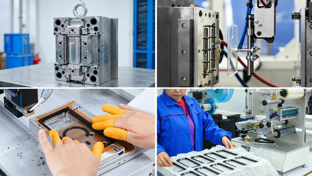 Phone case molding, assembly, and finishing at the YG factory