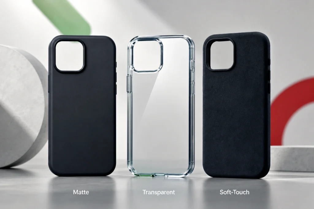 comparison of phone cases in matte, transparent, and soft-touch